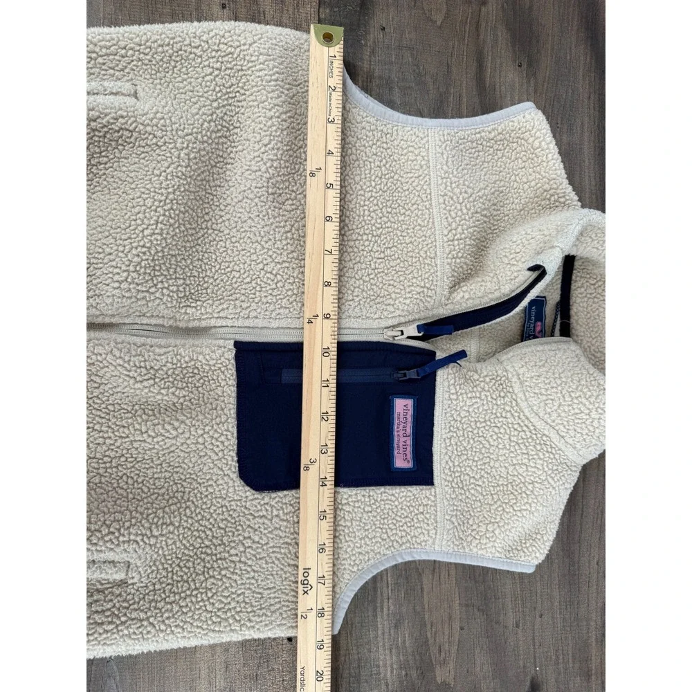 Vineyard Vines Boys Stillwater Sherpa Fleece Vest Tan Navy Preppy Zip Up Sz L 16
